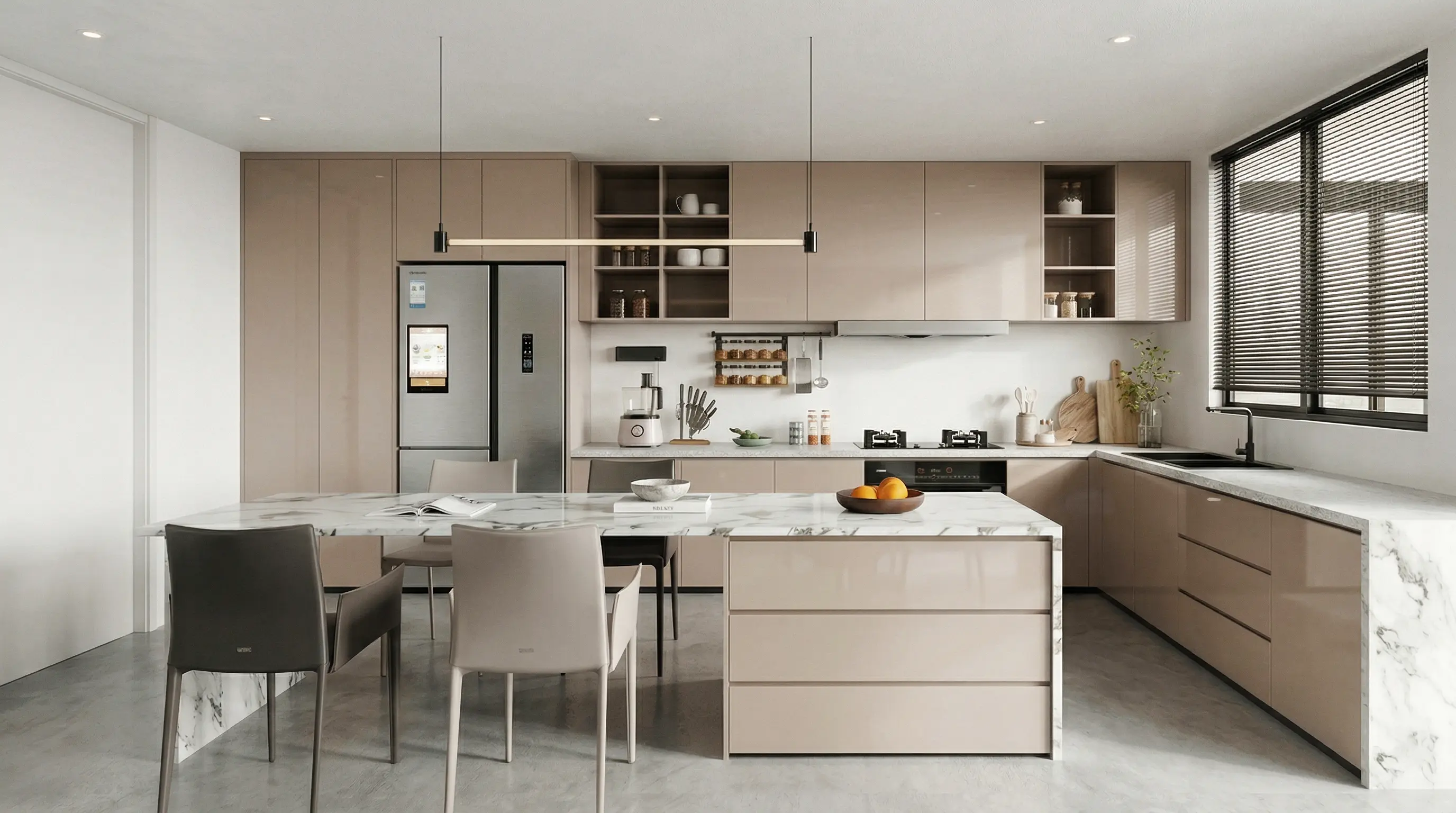 Sala de estar minimalista con tonos neutros, panel de madera y mobiliario de diseño