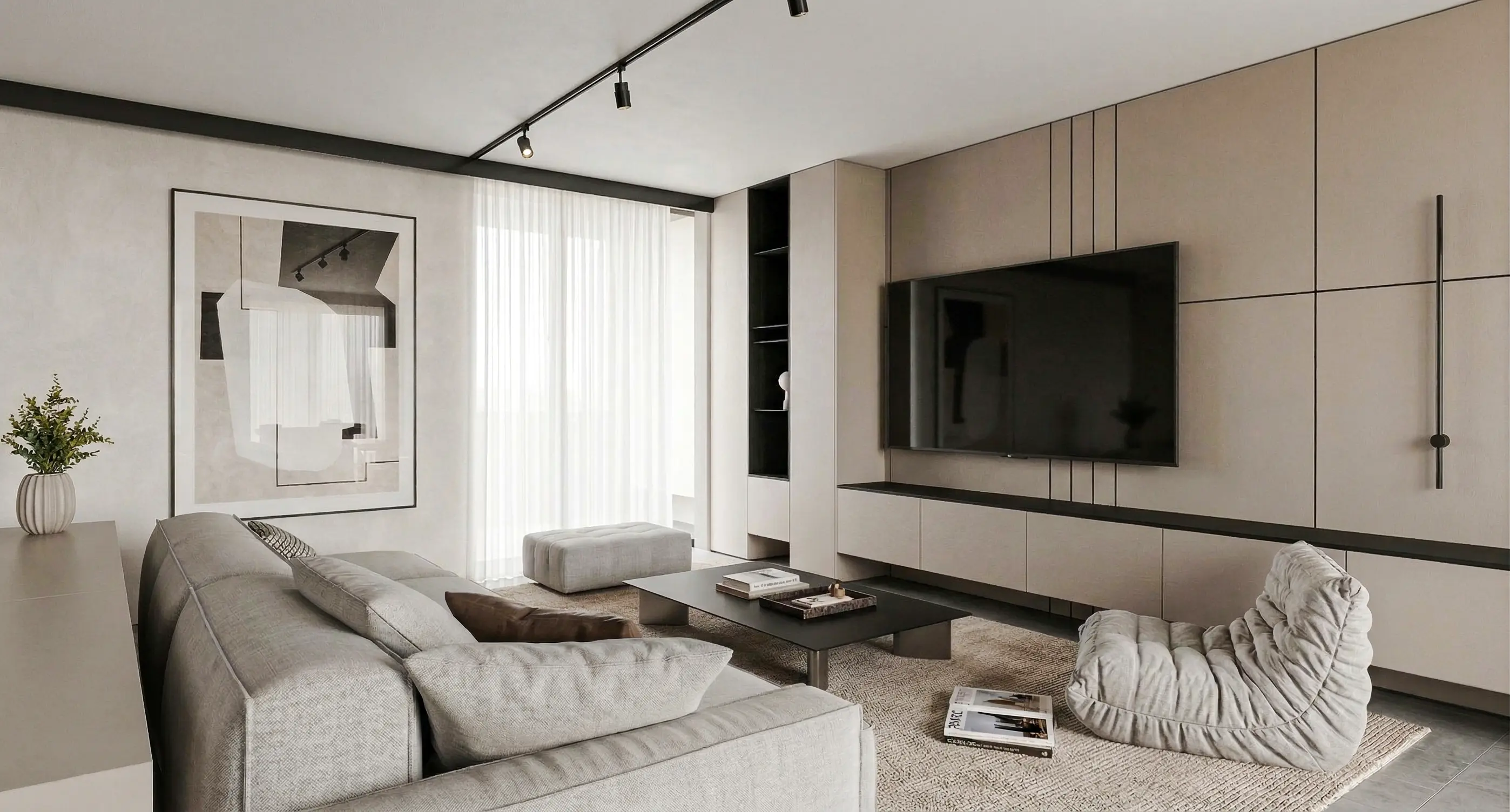 Cocina moderna con isla central de mármol travertino y gabinetes de madera clara