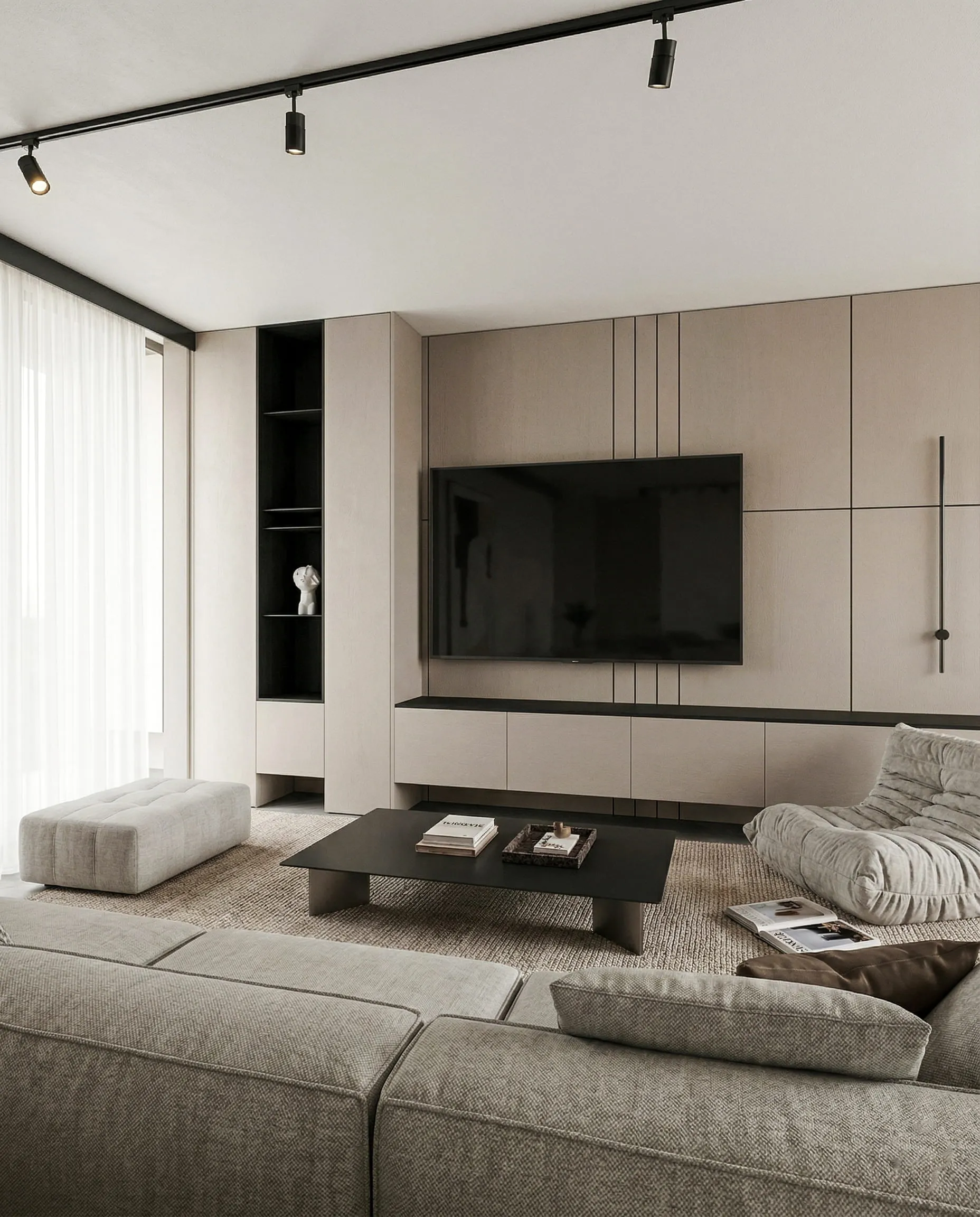 Escalera flotante de acero y madera con jardín interior de piedra blanca