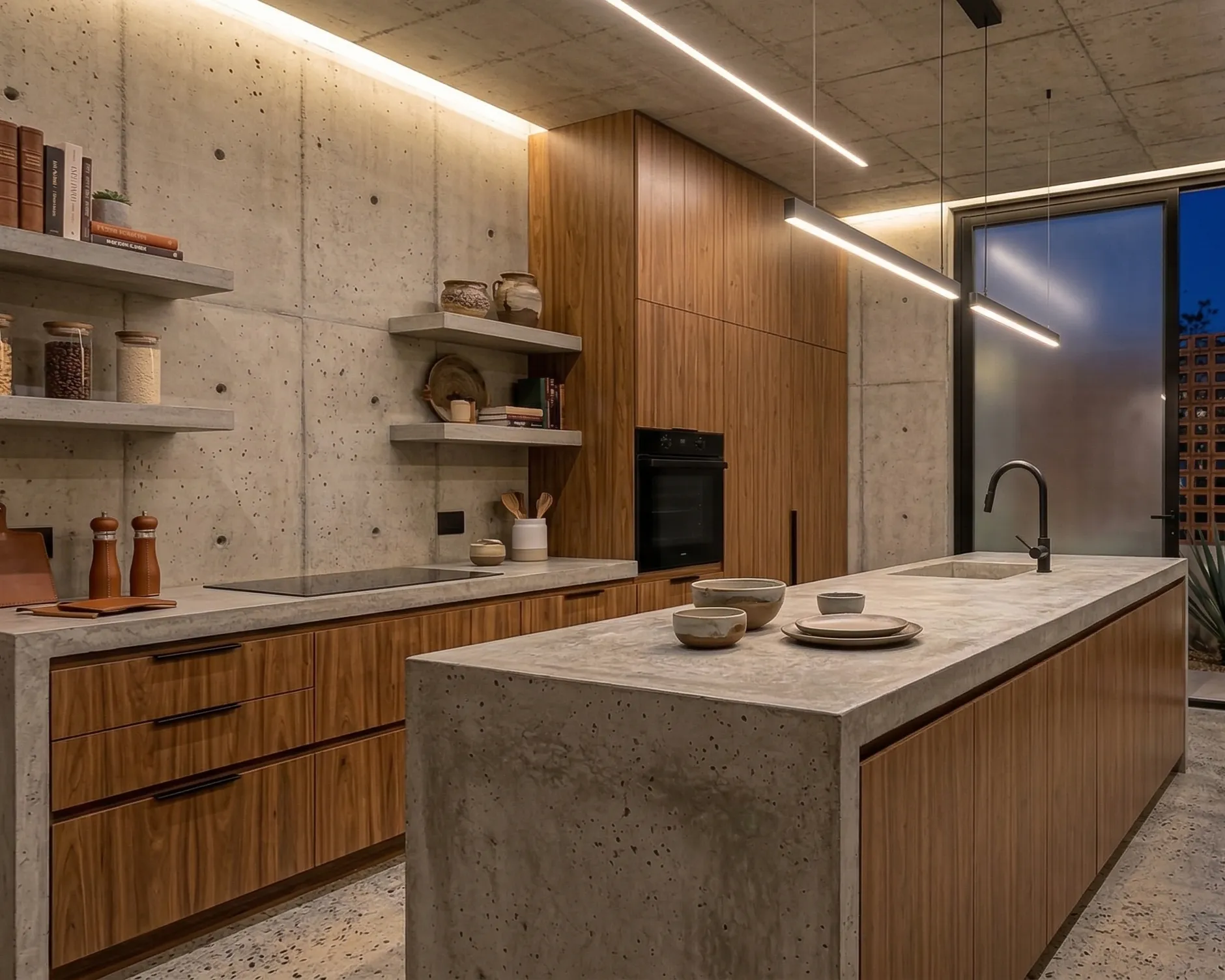 Vista interior del acceso principal con techo de concreto a gran altura