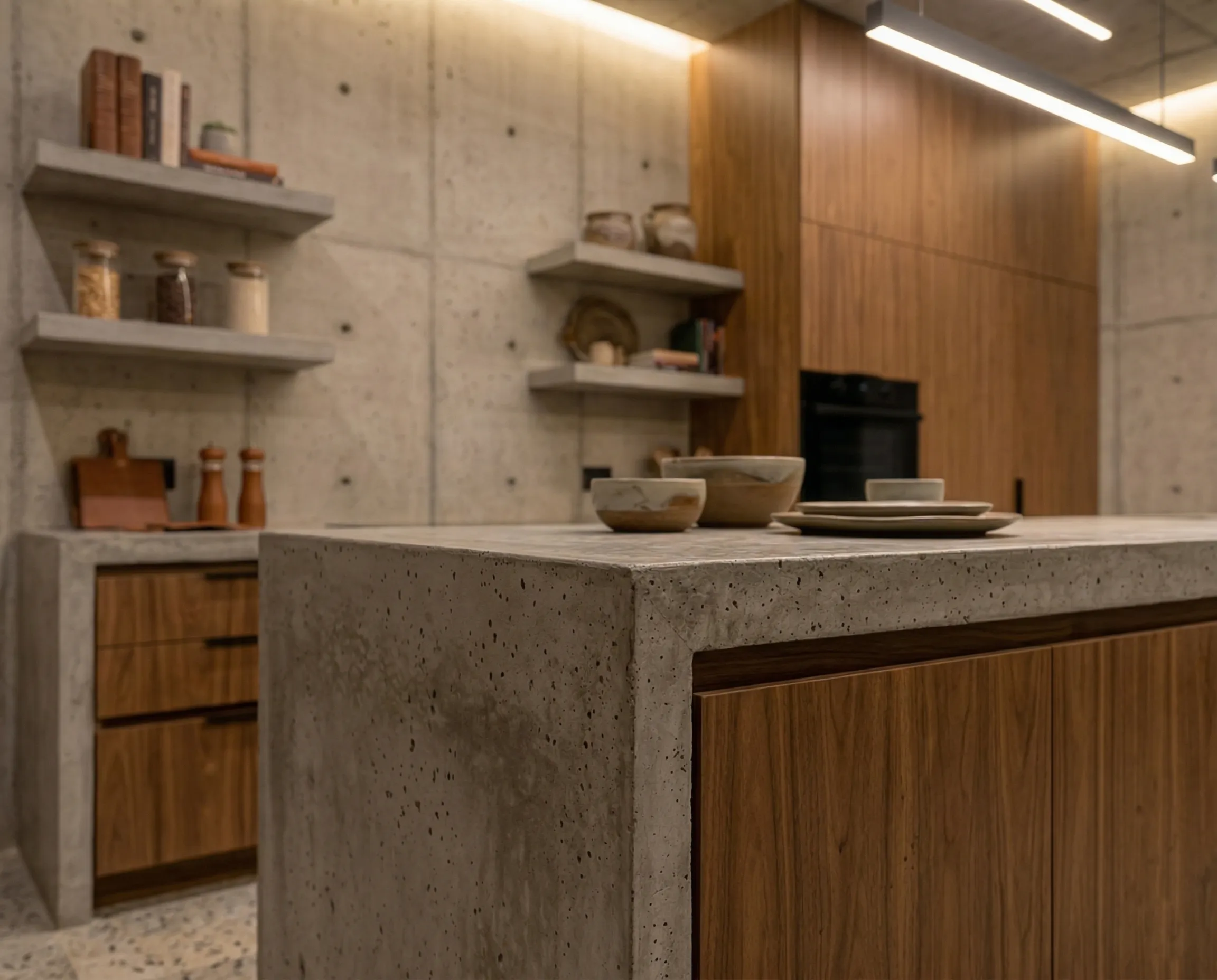 Sala de estar principal con doble altura, muros de concreto aparente y mobiliario de diseño