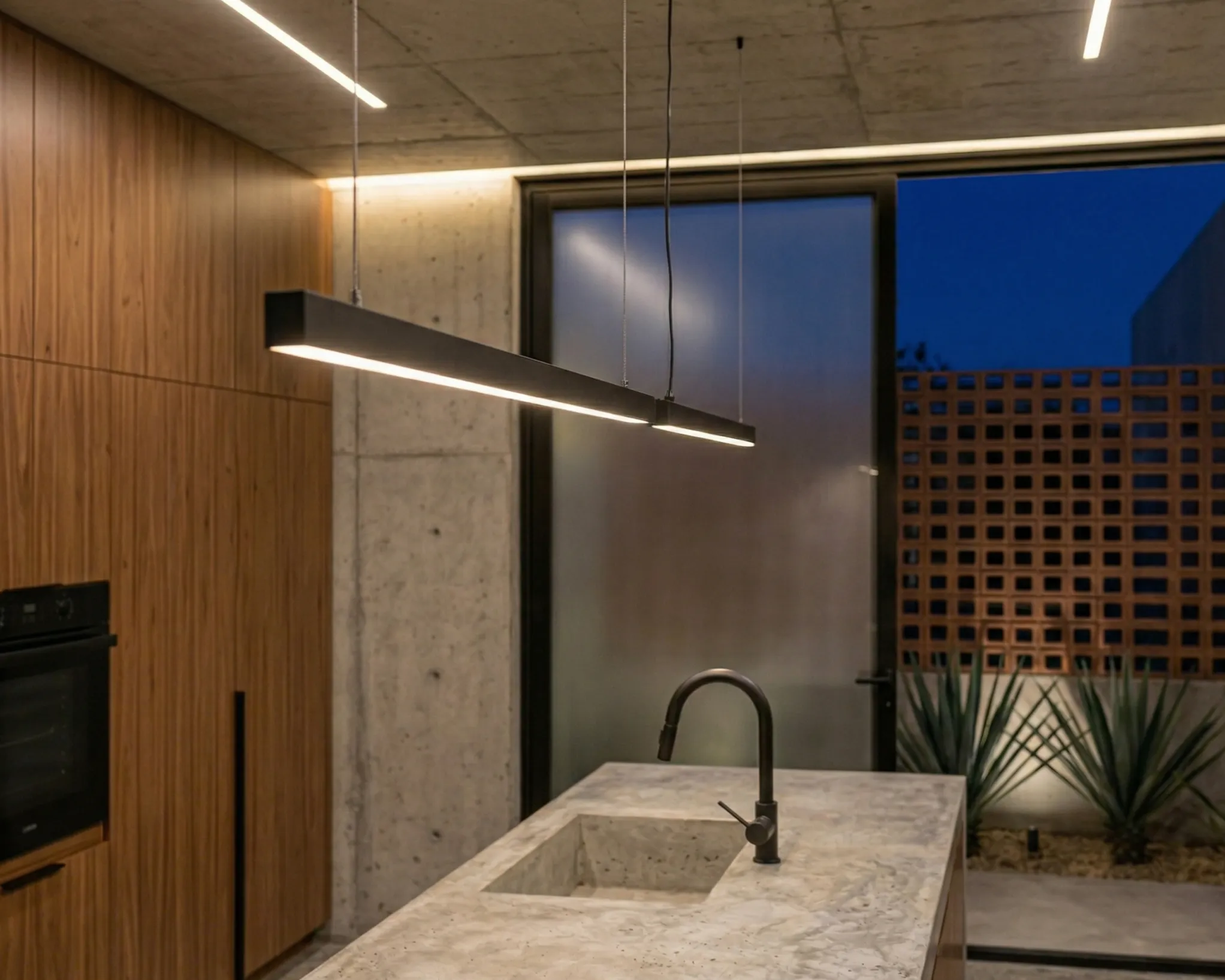 Sala de estar principal con doble altura, muros de concreto aparente y mobiliario de diseño