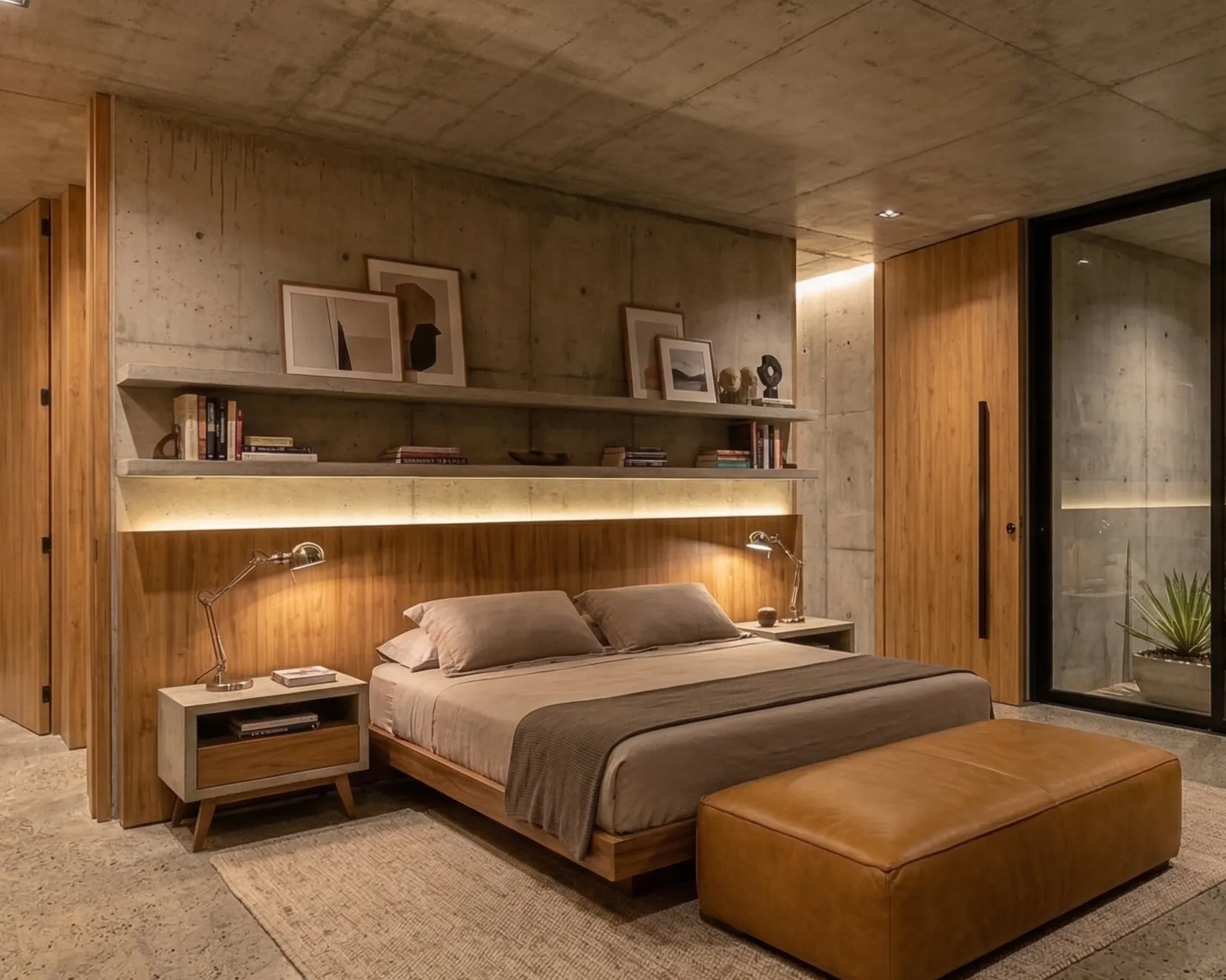 Sala de estar principal con doble altura, muros de concreto aparente y mobiliario de diseño