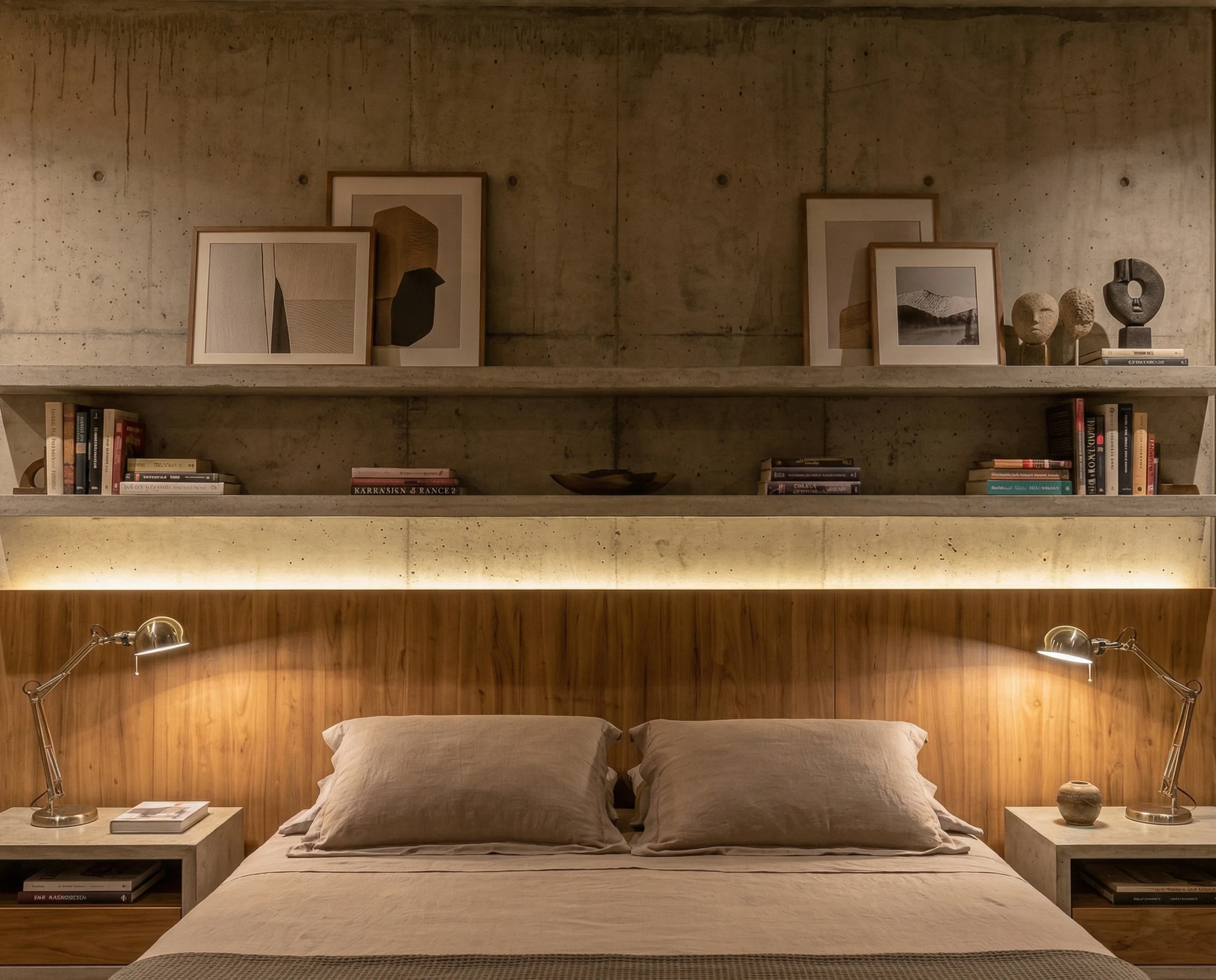 Recámara principal con paneles de madera, cabecera retroiluminada y techo de concreto expuesto