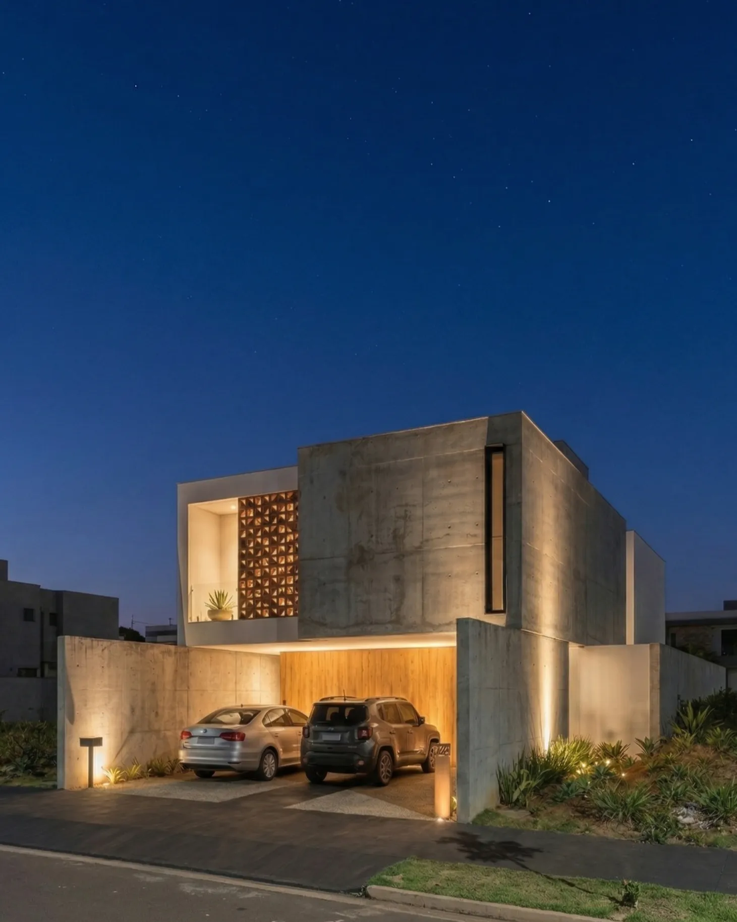 Detalle de la puerta principal de madera y muro de concreto