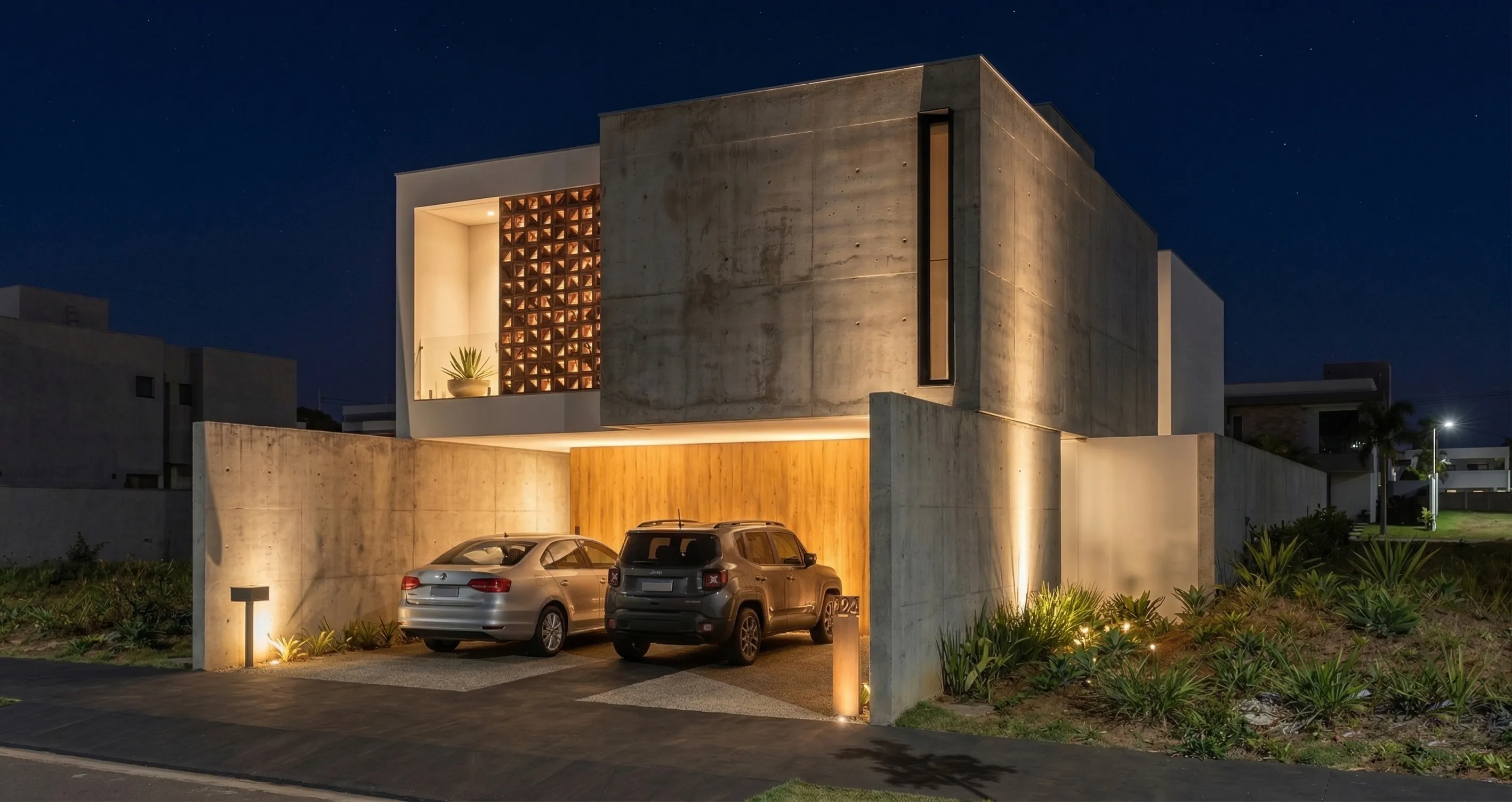 Sala de estar principal con doble altura, muros de concreto aparente y mobiliario de diseño