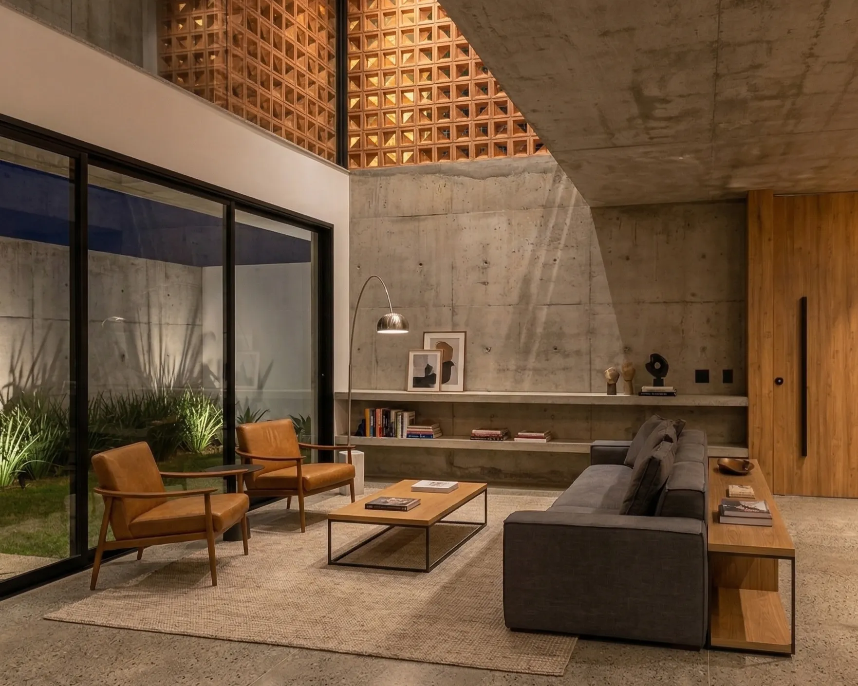 Detalle de vanidad con espejo circular retroiluminado y texto 'BLOQUE' en la pared