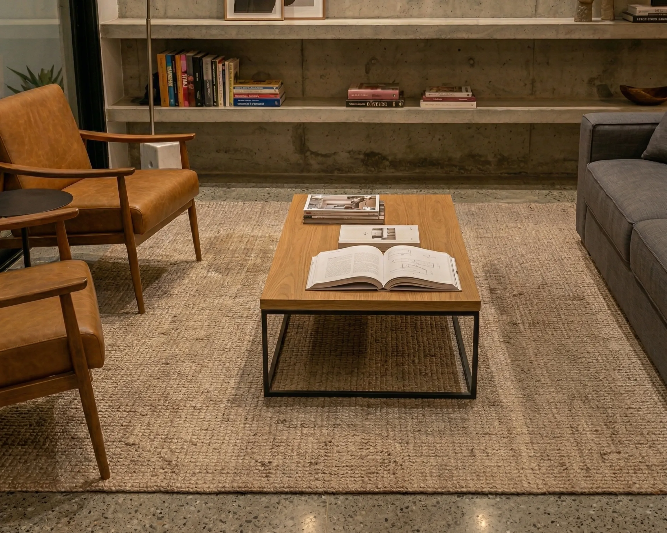 Sala de estar principal con doble altura, muros de concreto aparente y mobiliario de diseño