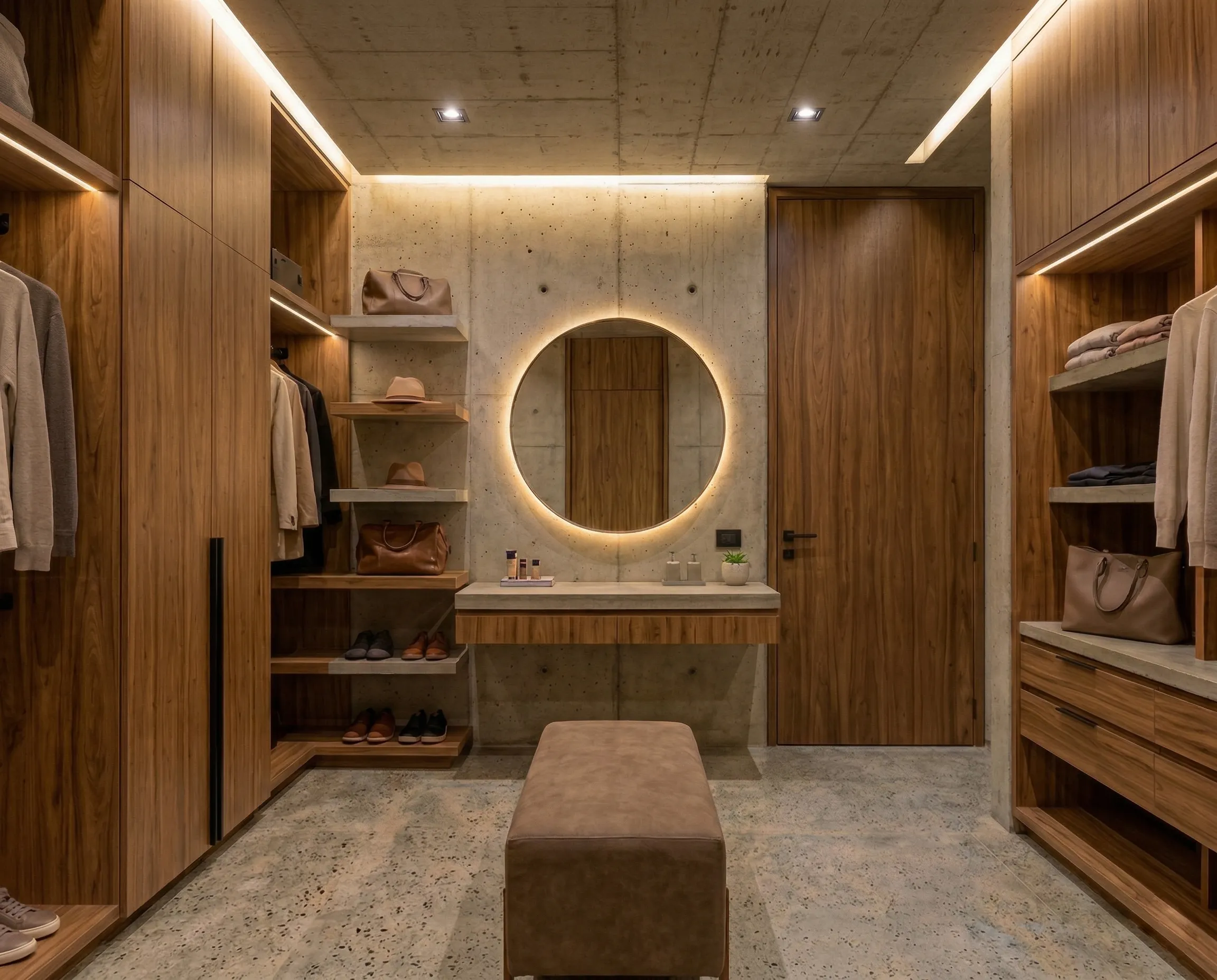 Sala de estar principal con doble altura, muros de concreto aparente y mobiliario de diseño